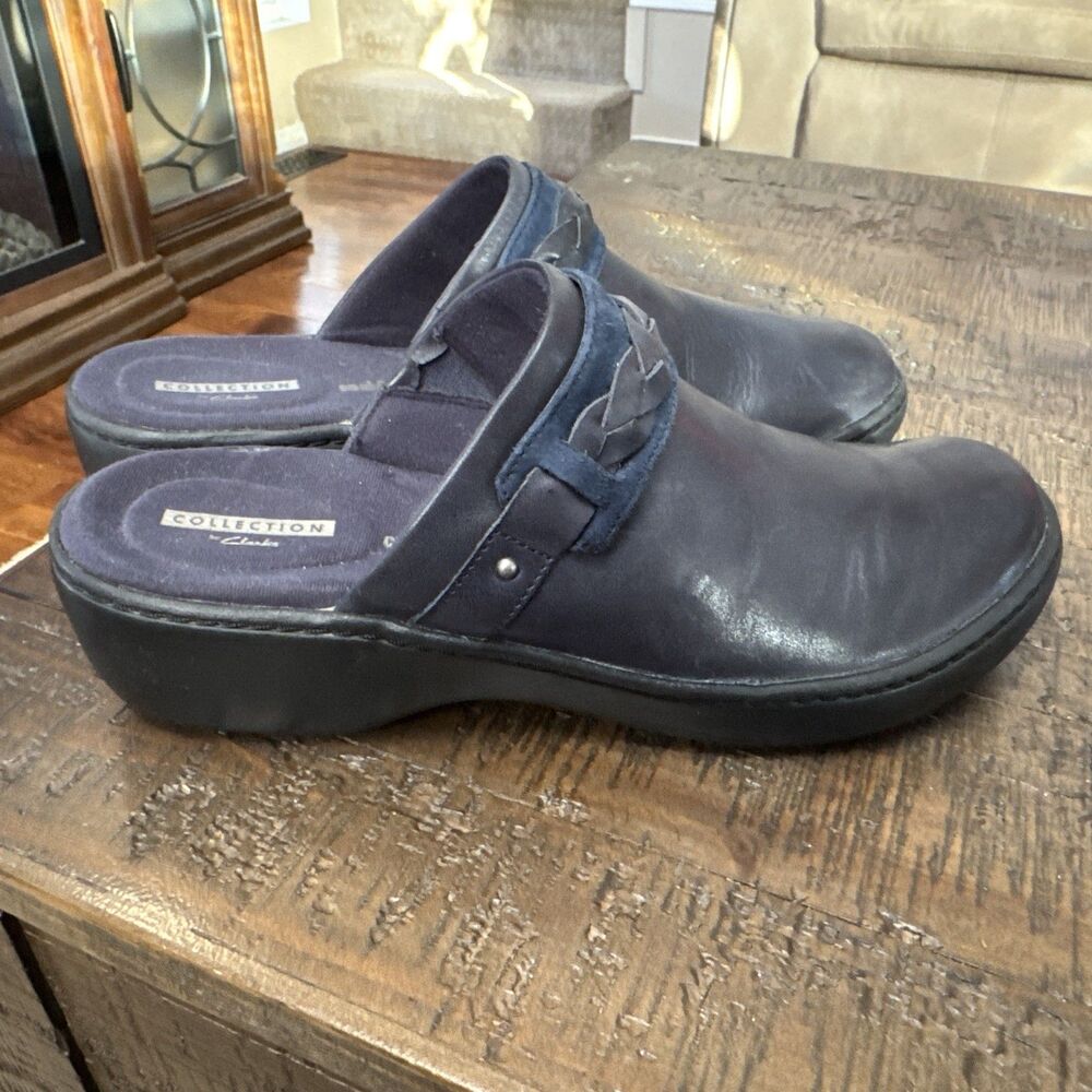 Collection by Clarks Blue Leather Slip on Mules/Clogs - 8.5 Braided